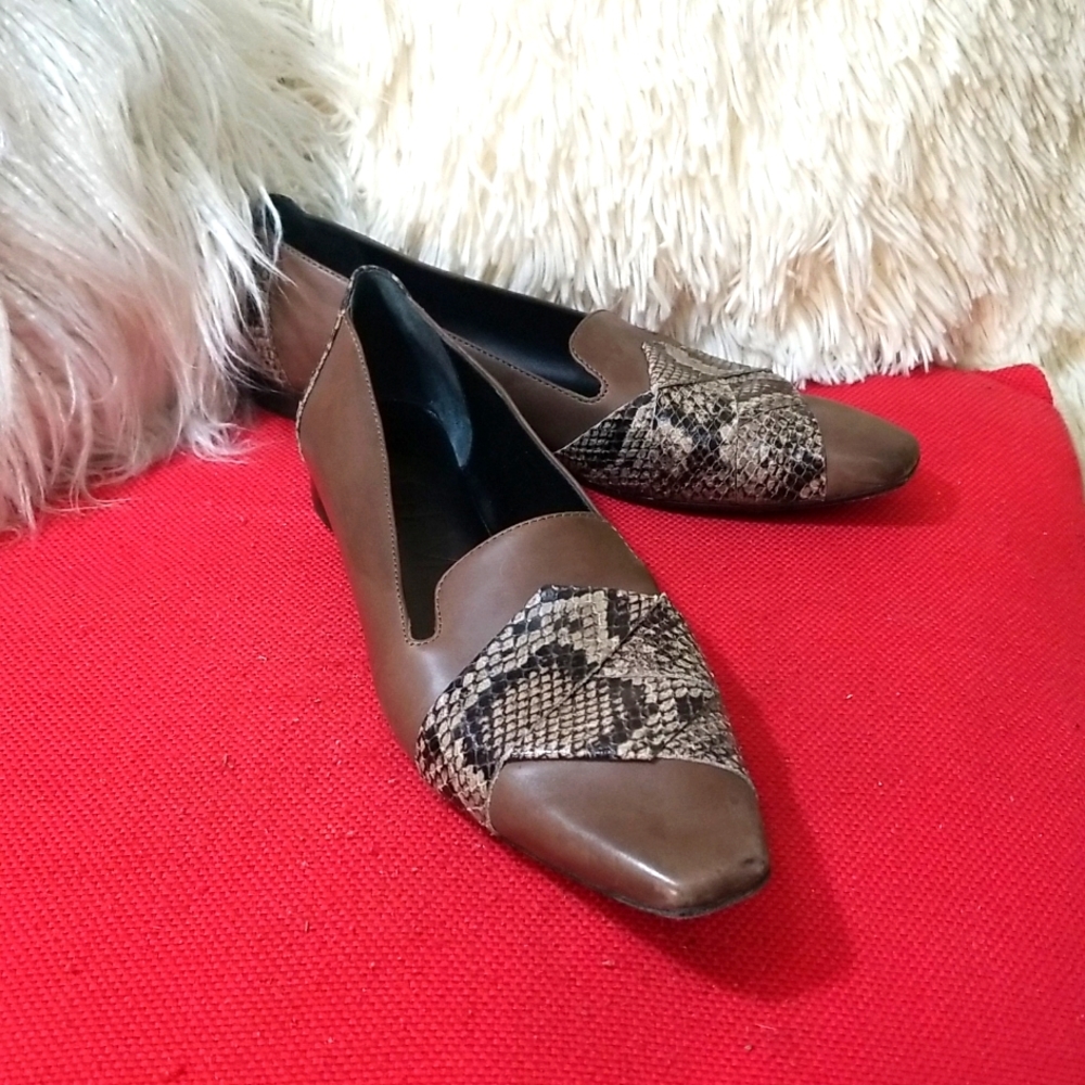 M. Gemi Brown Leather Flats with Snakeskin Toe Strap